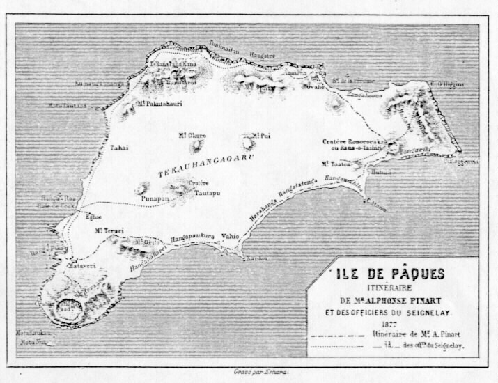 Itin&eacute;raire de M. A. Pinart et des officiers du Seignelay (carte). A. Pinart's itinerary (map). 715x550 jpeg, 109.5k
